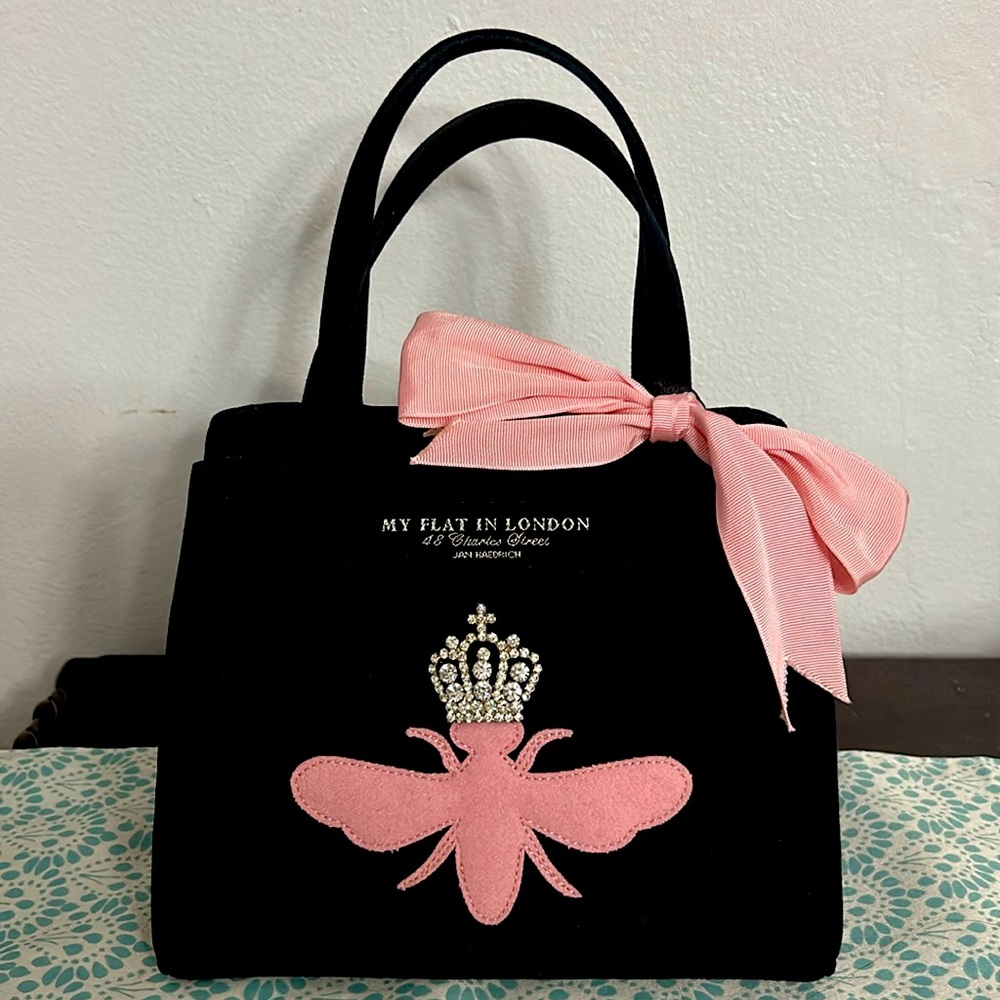 My Flat in London Queen Bee black & pink vintage handbag purse with top handles